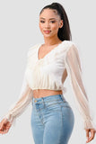 POLKA DOT MESH V-NECK RUFFLE DRAPED DRAWSTRING BOW PUFF LONG SLEEVES CROPPED TOP - Wear with style