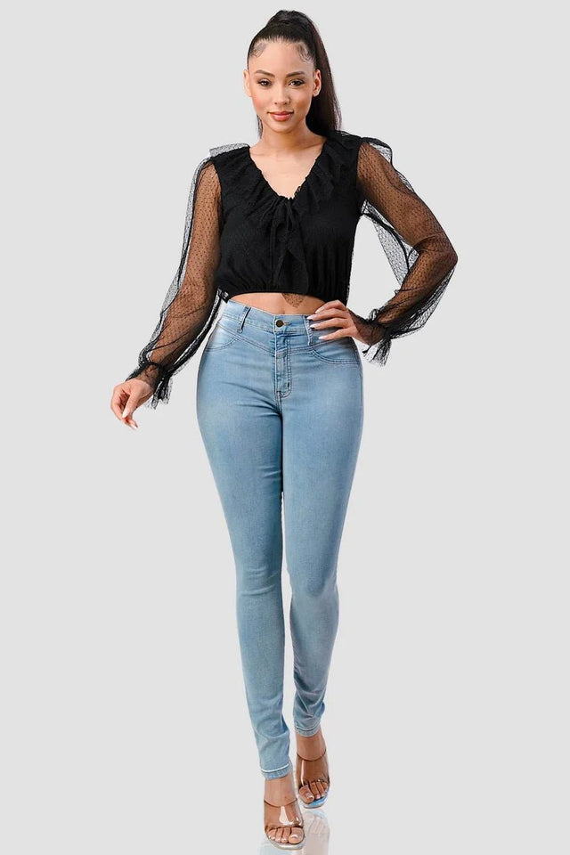 POLKA DOT MESH V-NECK RUFFLE DRAPED DRAWSTRING BOW PUFF LONG SLEEVES CROPPED TOP - Wear with style