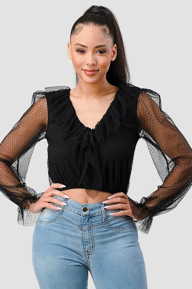 POLKA DOT MESH V-NECK RUFFLE DRAPED DRAWSTRING BOW PUFF LONG SLEEVES CROPPED TOP - Wear with style