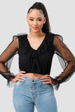 POLKA DOT MESH V-NECK RUFFLE DRAPED DRAWSTRING BOW PUFF LONG SLEEVES CROPPED TOP - Wear with style