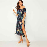 Navy Tropical Print Tassel : Long Dresses