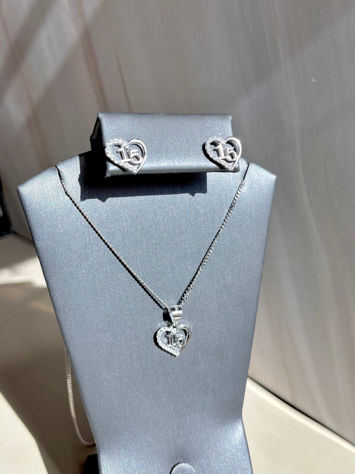 Quinceañera Jewelry Set Sterling Silver .925 – Necklace & Heart Earrings for Girls | Set de Joyería de Quinceañera Plata .925 - Wear with style