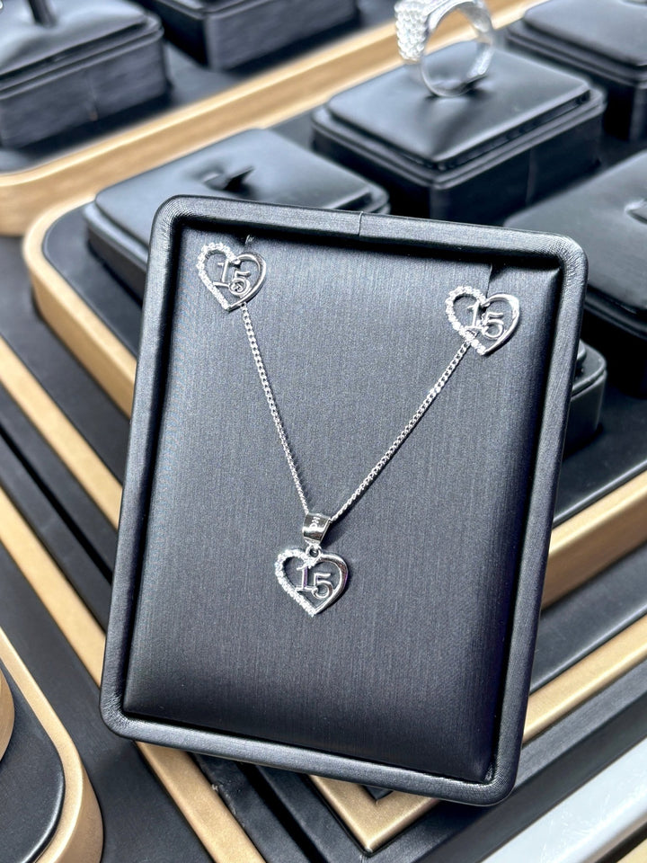 Quinceañera Jewelry Set Sterling Silver .925 – Necklace & Heart Earrings for Girls | Set de Joyería de Quinceañera Plata .925 - Wear with style