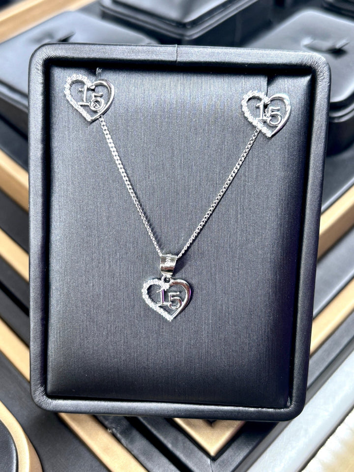 Quinceañera Jewelry Set Sterling Silver .925 – Necklace & Heart Earrings for Girls | Set de Joyería de Quinceañera Plata .925 - Wear with style