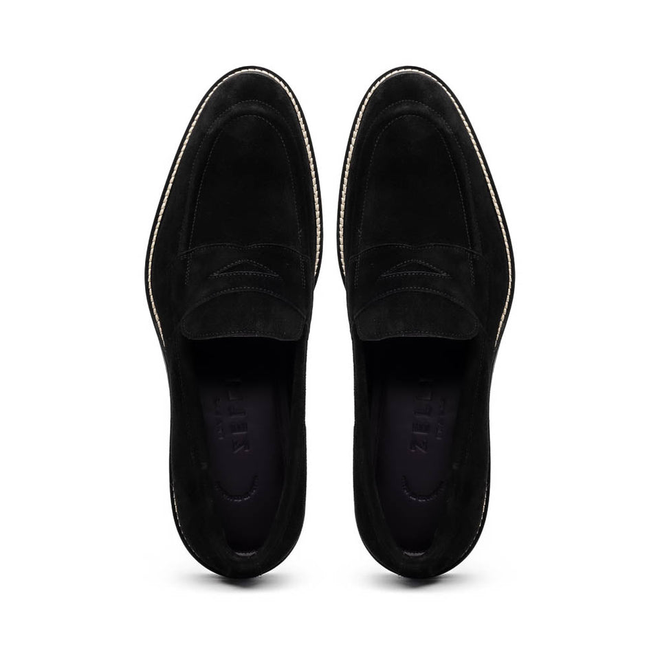 16-657-BLK ROMA Italian Suede Penny Loafers Black