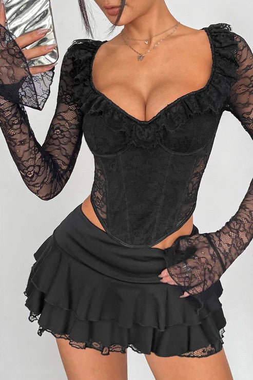 Romantic Ruffled Lace Long Sleeve Corset Top - Wear with style