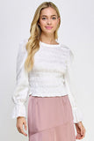 Round Neck Long Balloon Sleeve Smocking Satin Top - Wear with style