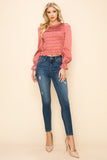 Round Neck Long Balloon Sleeve Smocking Satin Top - Wear with style