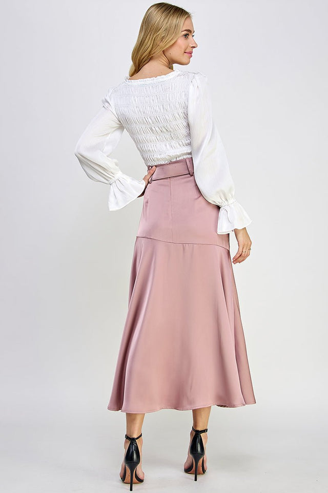 Round Neck Long Balloon Sleeve Smocking Satin Top - Wear with style