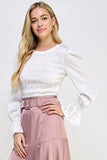 Round Neck Long Balloon Sleeve Smocking Satin Top - Wear with style