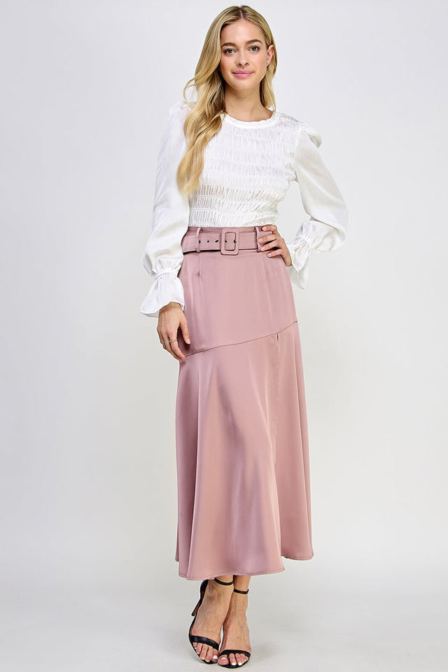 Round Neck Long Balloon Sleeve Smocking Satin Top - Wear with style