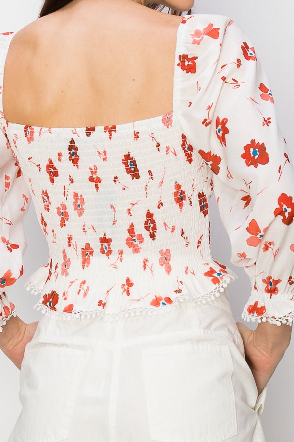 Ruffled elastic cuffs and smocked waist Floral print top - Wear with style