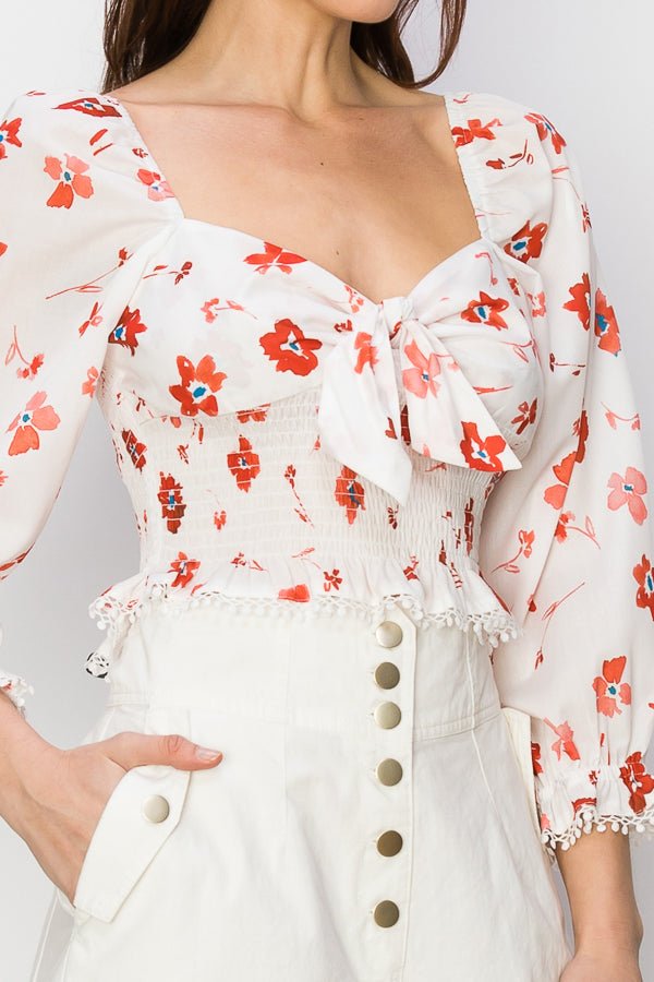 Ruffled elastic cuffs and smocked waist Floral print top - Wear with style
