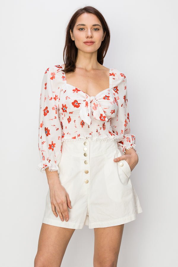 Ruffled elastic cuffs and smocked waist Floral print top - Wear with style