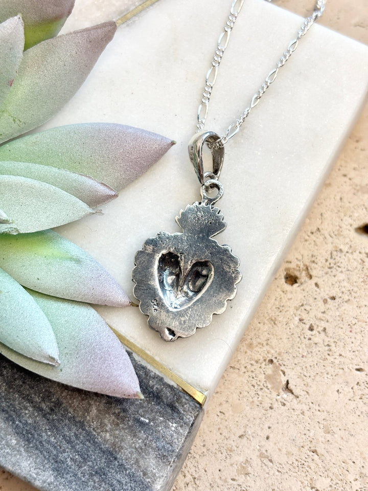 Sacred Heart Necklace in 925 Sterling Silver – Mexican Jewelry with 19” Figaro Chain, Collar de sagrado corazón de plata .925 plata mexicana - Wear with style