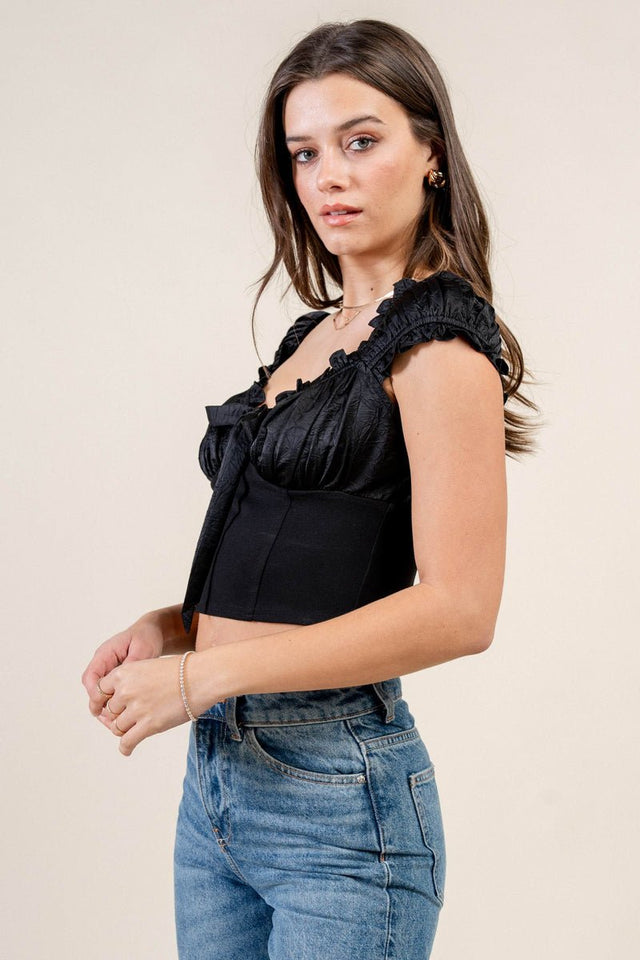 Satin Tie-Front Ruffle Bustier Crop Top - Wear with style