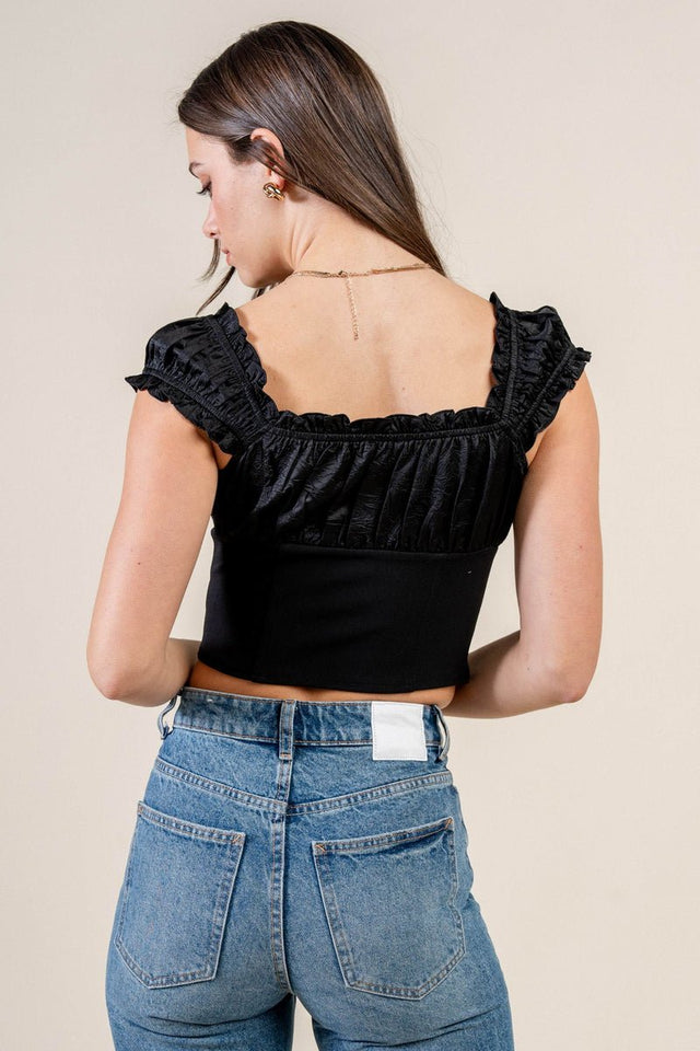 Satin Tie-Front Ruffle Bustier Crop Top - Wear with style