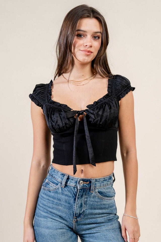 Satin Tie-Front Ruffle Bustier Crop Top - Wear with style