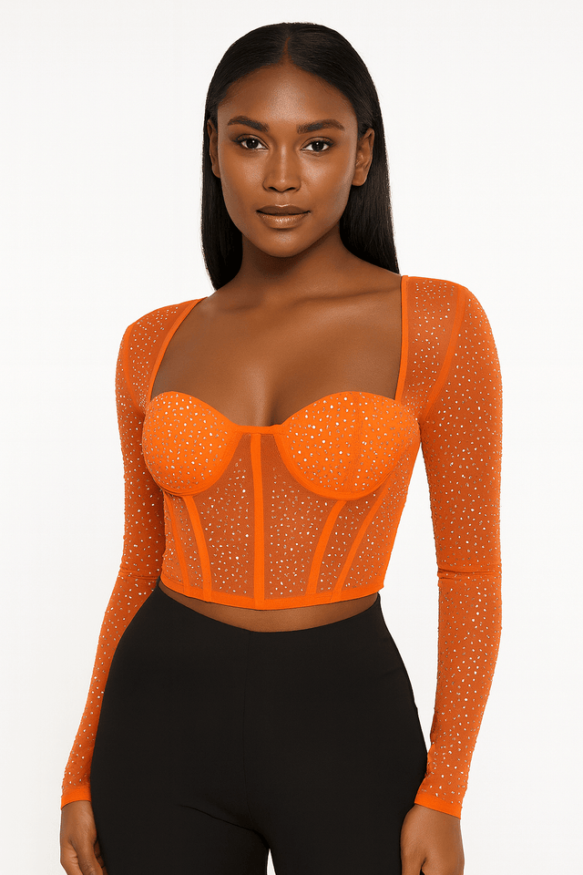 Seline Corset Mesh Long Sleeve Rhinestone Top - Wear with style