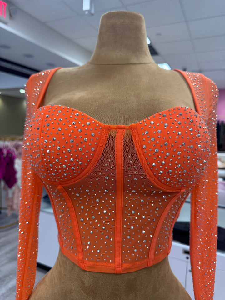 Seline Corset Mesh Long Sleeve Rhinestone Top - Wear with style