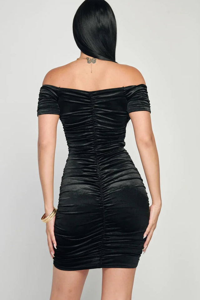 Shiny Velvet Off-Shoulder Ruched Mini Dress - Wear with style