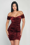 Shiny Velvet Off-Shoulder Ruched Mini Dress - Wear with style