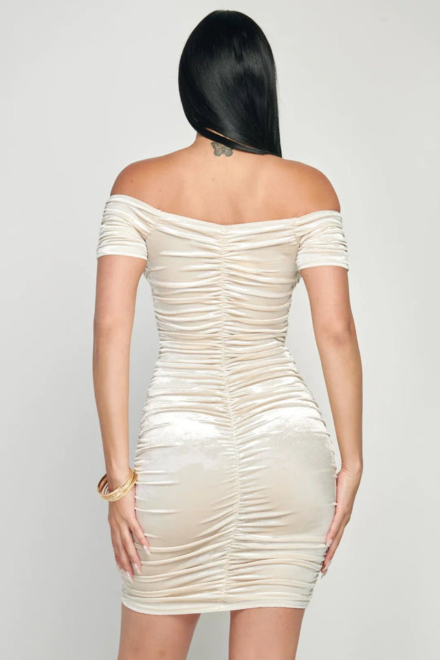 Shiny Velvet Off-Shoulder Ruched Mini Dress - Wear with style