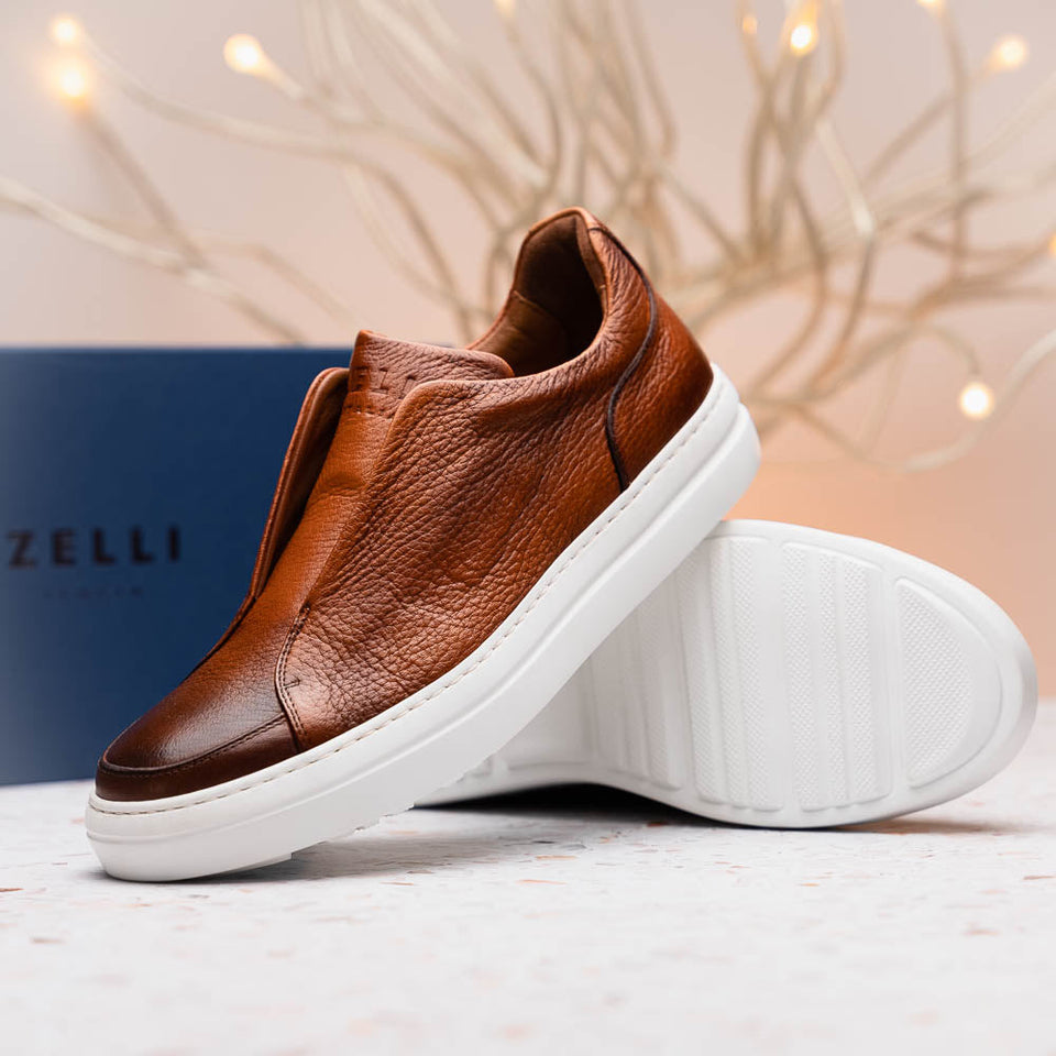 65-225-CGN SPETTACOLARE Italian Pebble Grain Calfskin Sneakers Cognac