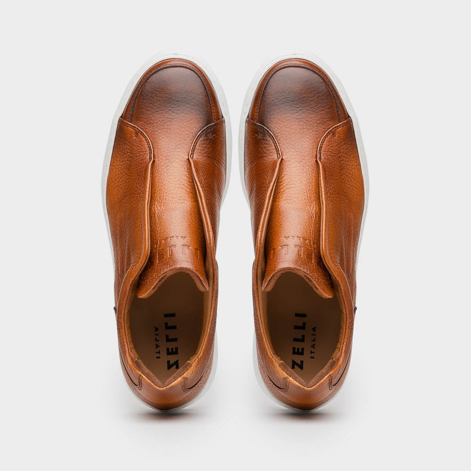 65-225-CGN SPETTACOLARE Italian Pebble Grain Calfskin Sneakers Cognac