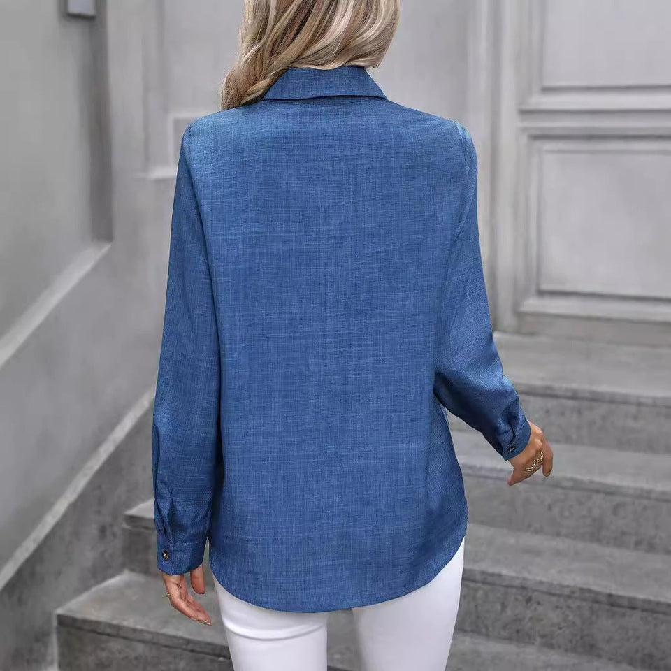 Spring Summer Casual Single Breasted Solid Color Color Matching Long Sleeve Collared Shirt Women Top - Wear with style