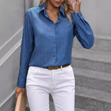 Spring Summer Casual Single Breasted Solid Color Color Matching Long Sleeve Collared Shirt Women Top - Wear with style