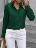 Spring Summer Casual Single Breasted Solid Color Color Matching Long Sleeve Collared Shirt Women Top - Wear with style