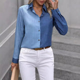 Spring Summer Casual Single Breasted Solid Color Color Matching Long Sleeve Collared Shirt Women Top - Wear with style