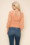 Square Neck Long Sleeve Waist Smocking Stripe Satin Top - Wear with style