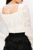 Square Neck Long Sleeve Waist Smocking Stripe Satin Top - Wear with style