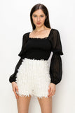 Square Neck Puff Long Sleeve Smocking Detail Blouse - Wear with style