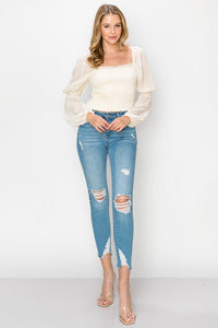 Square Neck Puff Long Sleeve Smocking Detail Blouse - Wear with style
