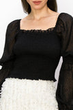 Square Neck Puff Long Sleeve Smocking Detail Blouse - Wear with style