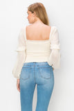 Square Neck Puff Long Sleeve Smocking Detail Blouse - Wear with style