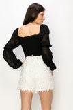 Square Neck Puff Long Sleeve Smocking Detail Blouse - Wear with style