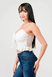 SUPER STRETCH COTTON LACE SWEETHEART DRAWSTRING RUFFLED CROPPED CAMI TOP - Wear with style