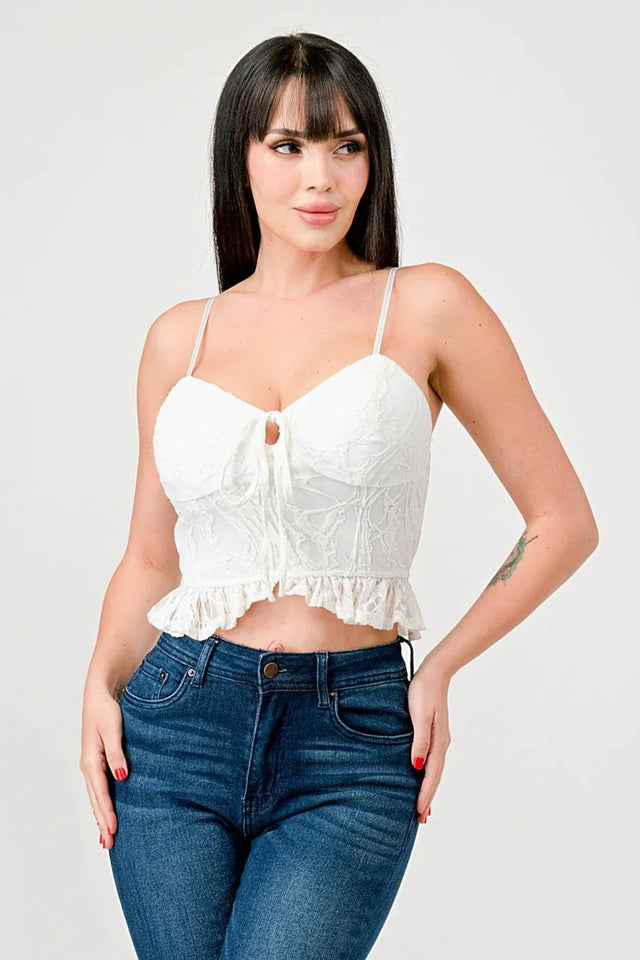 SUPER STRETCH COTTON LACE SWEETHEART DRAWSTRING RUFFLED CROPPED CAMI TOP - Wear with style