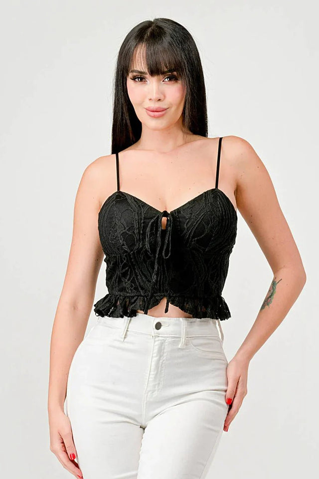 SUPER STRETCH COTTON LACE SWEETHEART DRAWSTRING RUFFLED CROPPED CAMI TOP - Wear with style