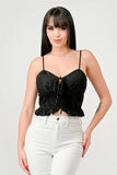 SUPER STRETCH COTTON LACE SWEETHEART DRAWSTRING RUFFLED CROPPED CAMI TOP - Wear with style
