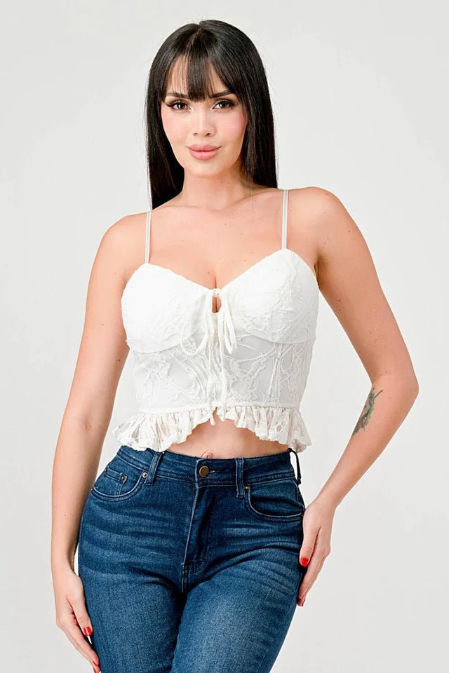 SUPER STRETCH COTTON LACE SWEETHEART DRAWSTRING RUFFLED CROPPED CAMI TOP - Wear with style