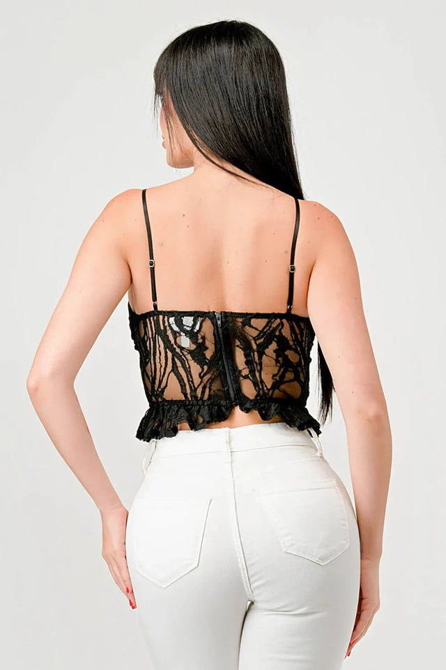 SUPER STRETCH COTTON LACE SWEETHEART DRAWSTRING RUFFLED CROPPED CAMI TOP - Wear with style