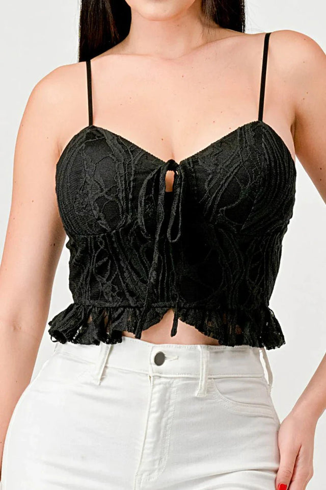 SUPER STRETCH COTTON LACE SWEETHEART DRAWSTRING RUFFLED CROPPED CAMI TOP - Wear with style