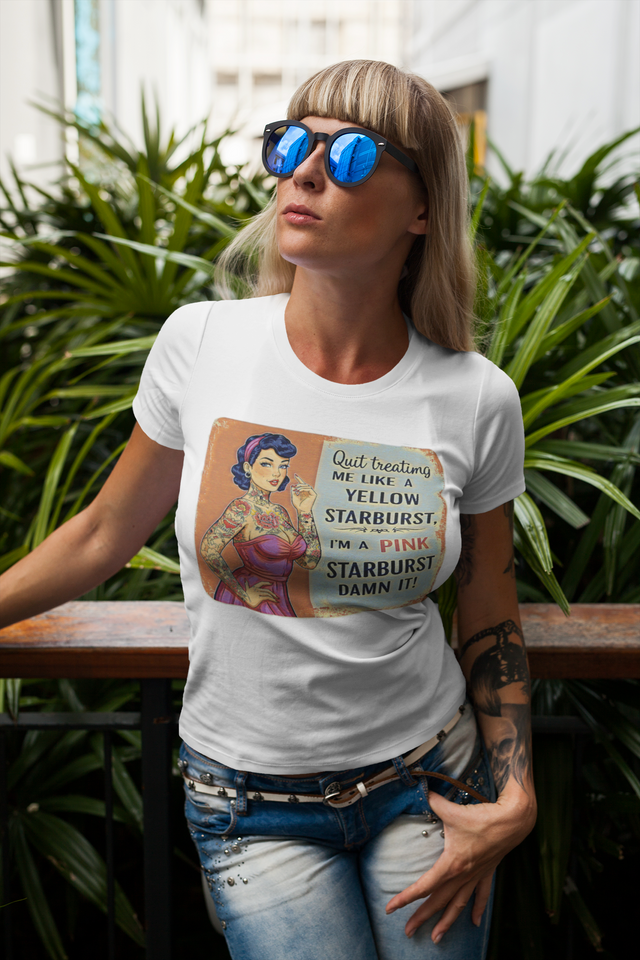 Vintage Tattooed Pin Up Pink Starburst Slim Fit Graphic Tee