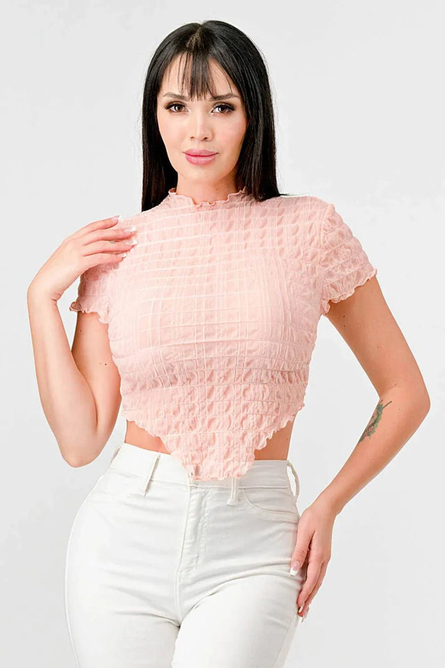 TEXTURED RUFFLED HEM KEYHOLE BACK ASYMMETRICAL CROPPED TOP - Wear with style