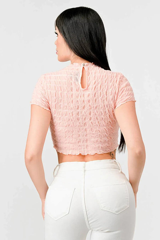 TEXTURED RUFFLED HEM KEYHOLE BACK ASYMMETRICAL CROPPED TOP - Wear with style